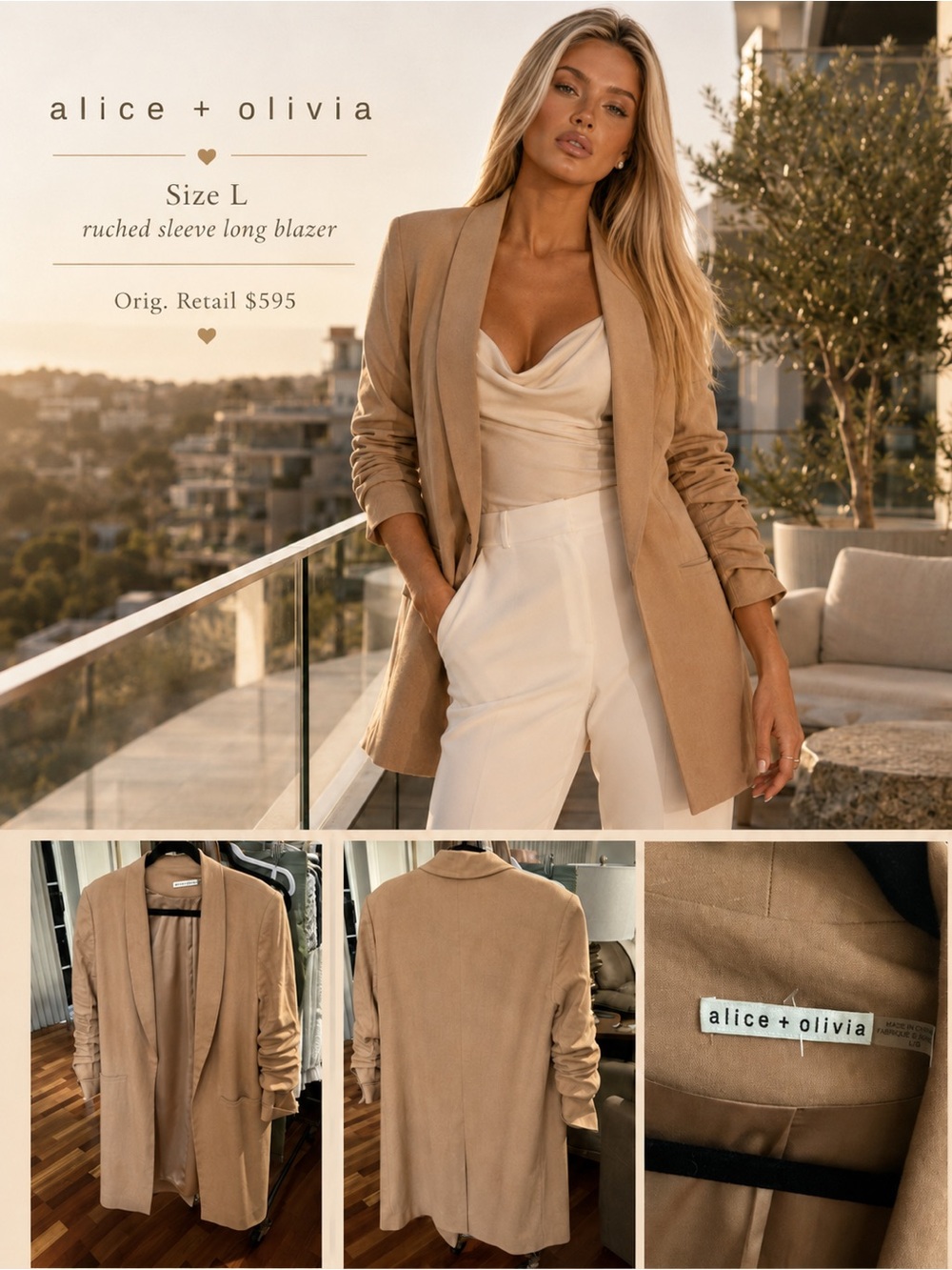 Alice + Olivia Camel Tan Ruched-Sleeve Long Blazer